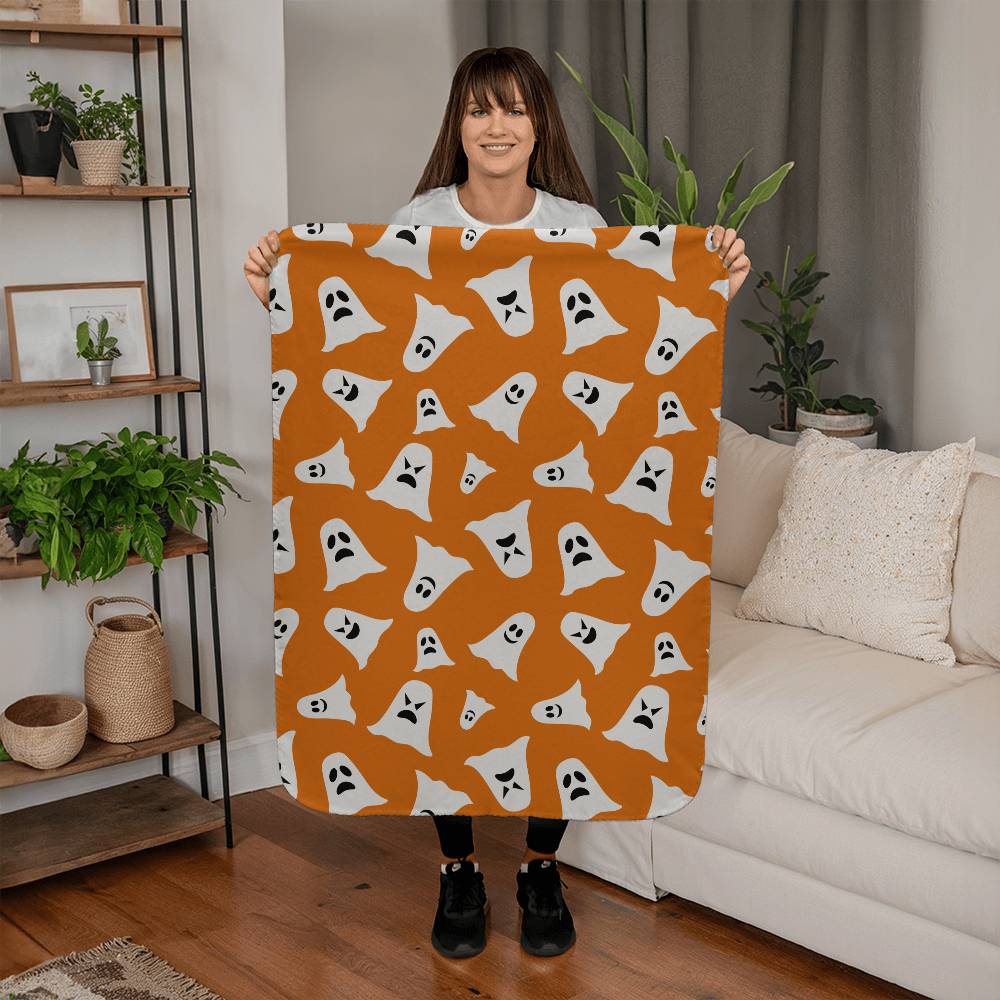 Sherpa Fleece Halloween Orange Ghost Blanket