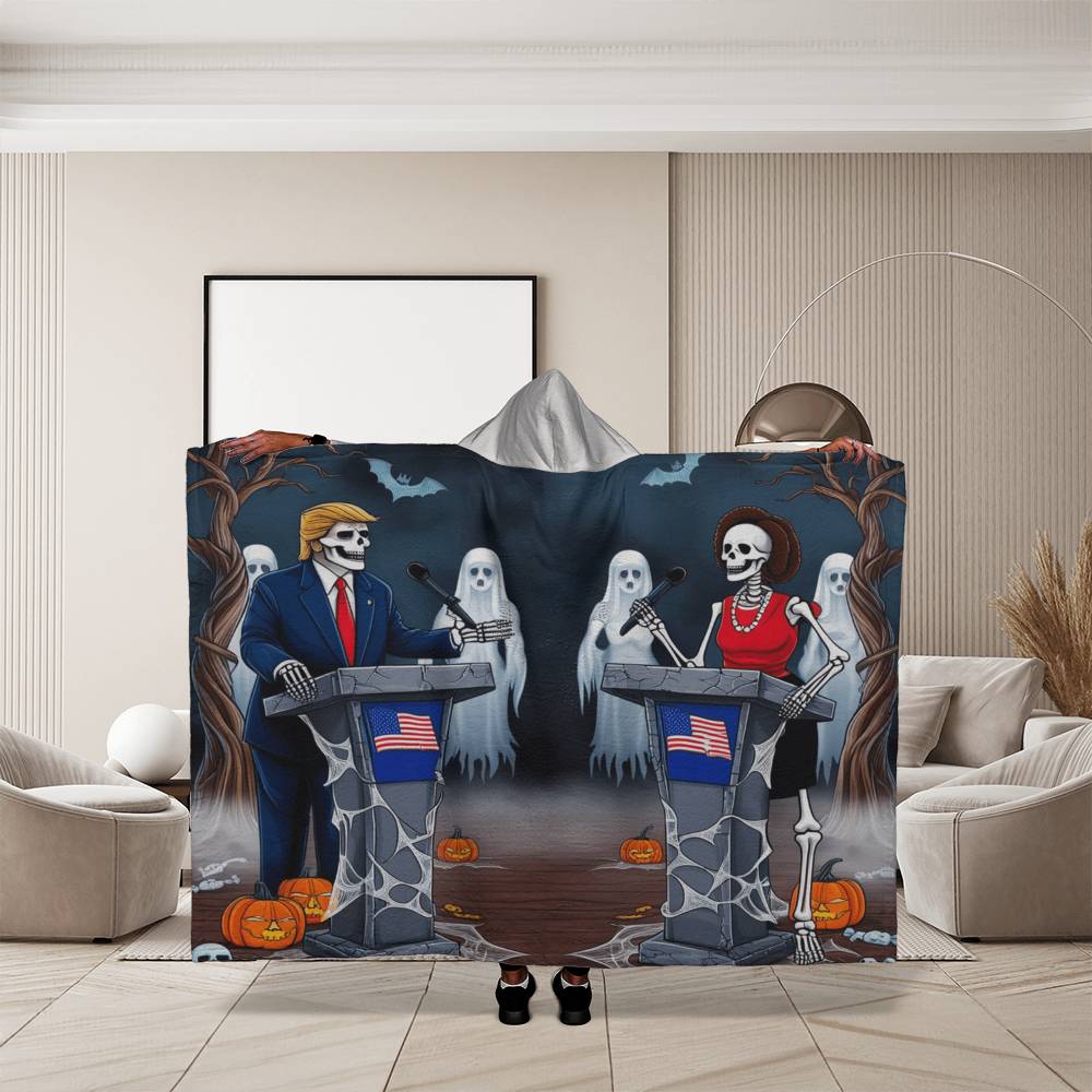 Trump vs Kamala Halloween Hooded Sherpa Fleece Blanket