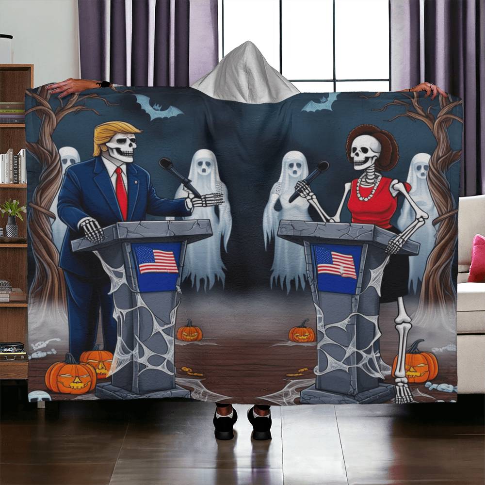 Trump vs Kamala Halloween Hooded Sherpa Fleece Blanket